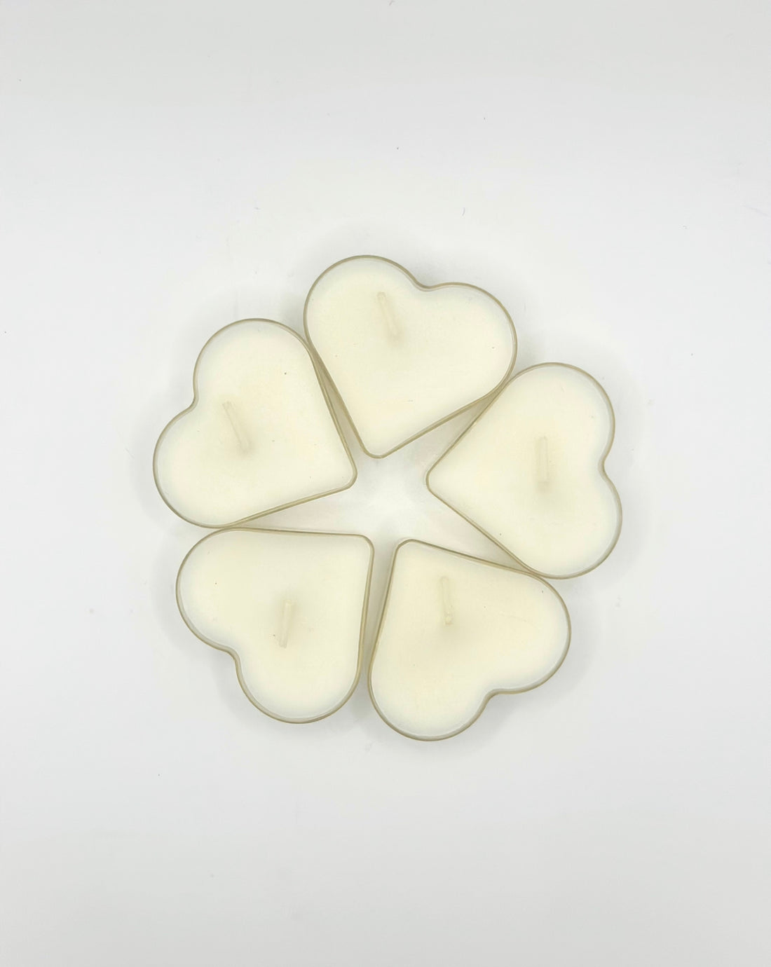 Set of Five White Heart Candles in Plastic Containers