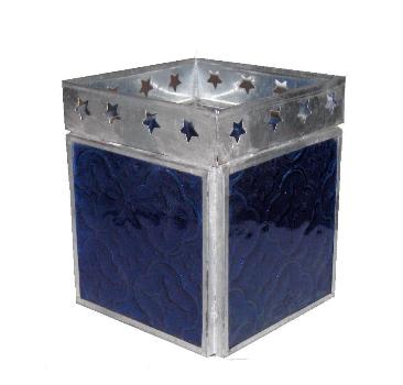 Iron T Light Holder With Blue Glass