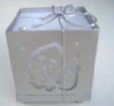 Wax Filled Metal Square Silver Father Xmas Filligree Candle