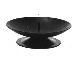 A black metal candle holder with a wide, shallow bowl and a central stem, shown on a plain white background.