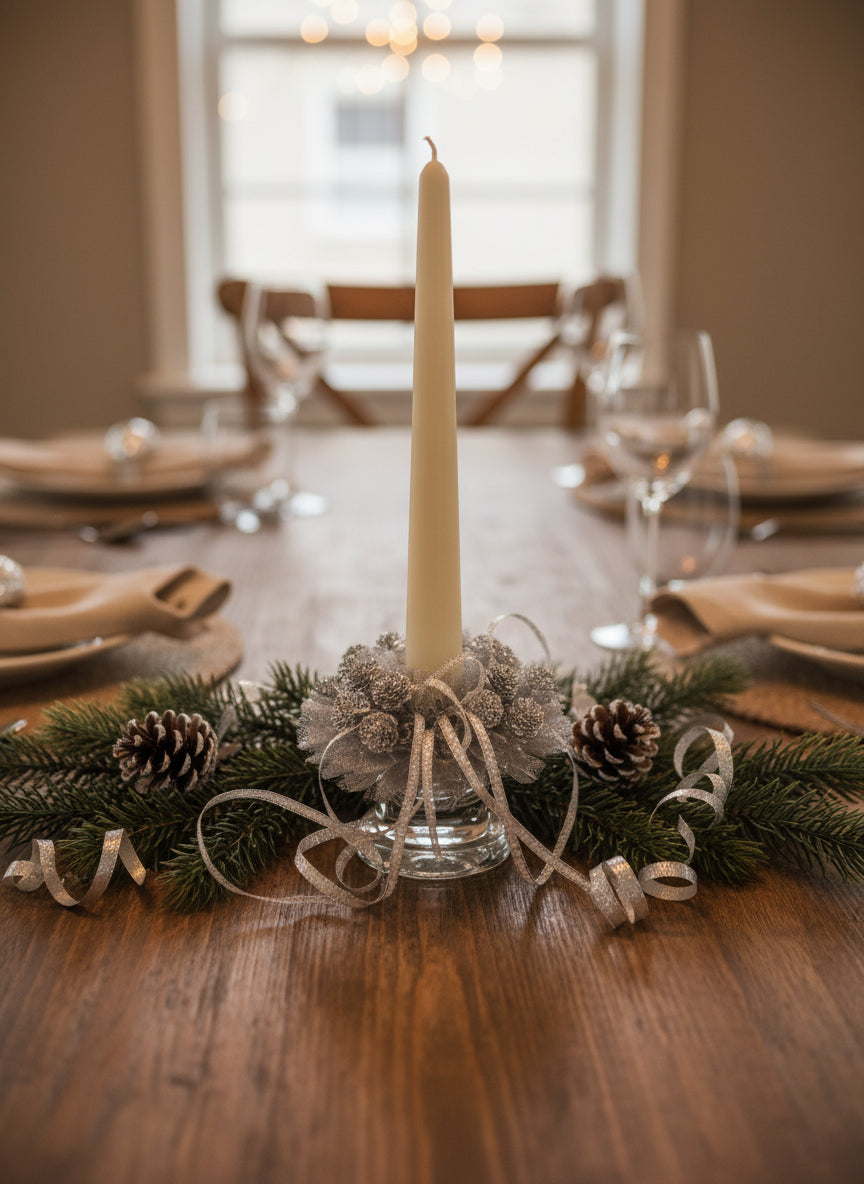 Silver Gossamer Candle Ring with Leaves and Trailing Ribbon