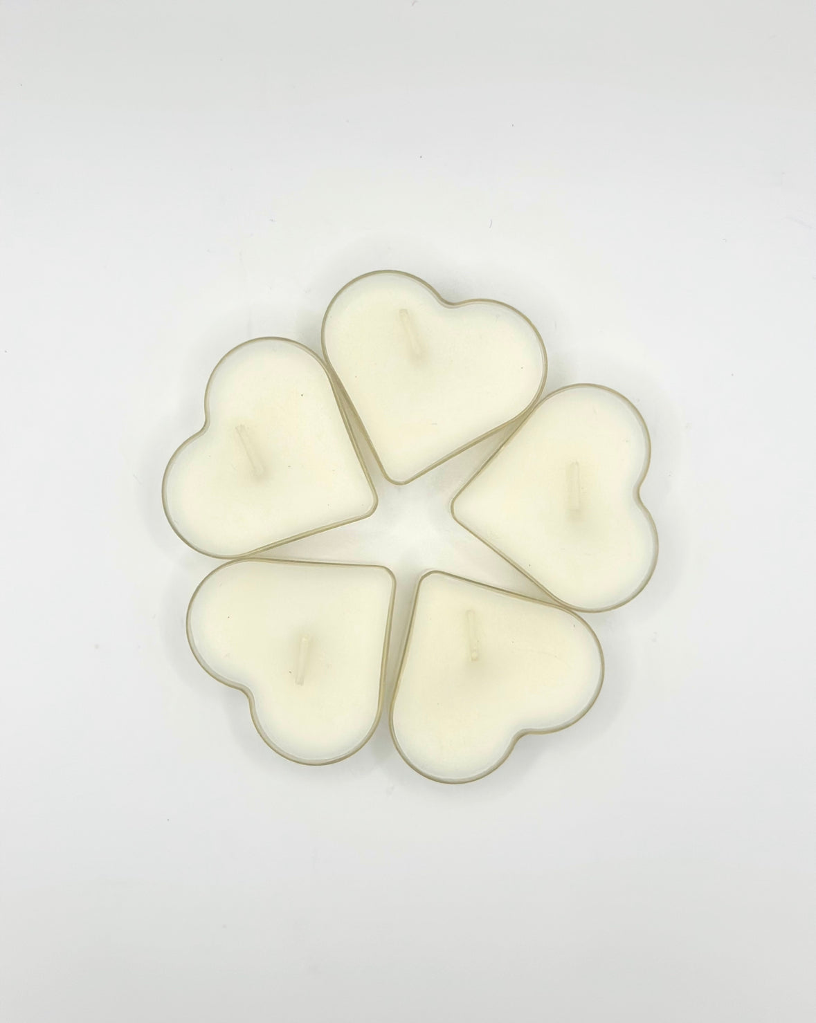 Set of Five White Heart Candles in Plastic Containers