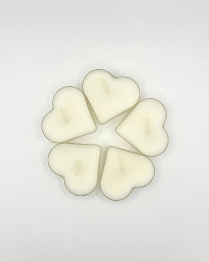 Set of Five White Heart Candles in Plastic Containers