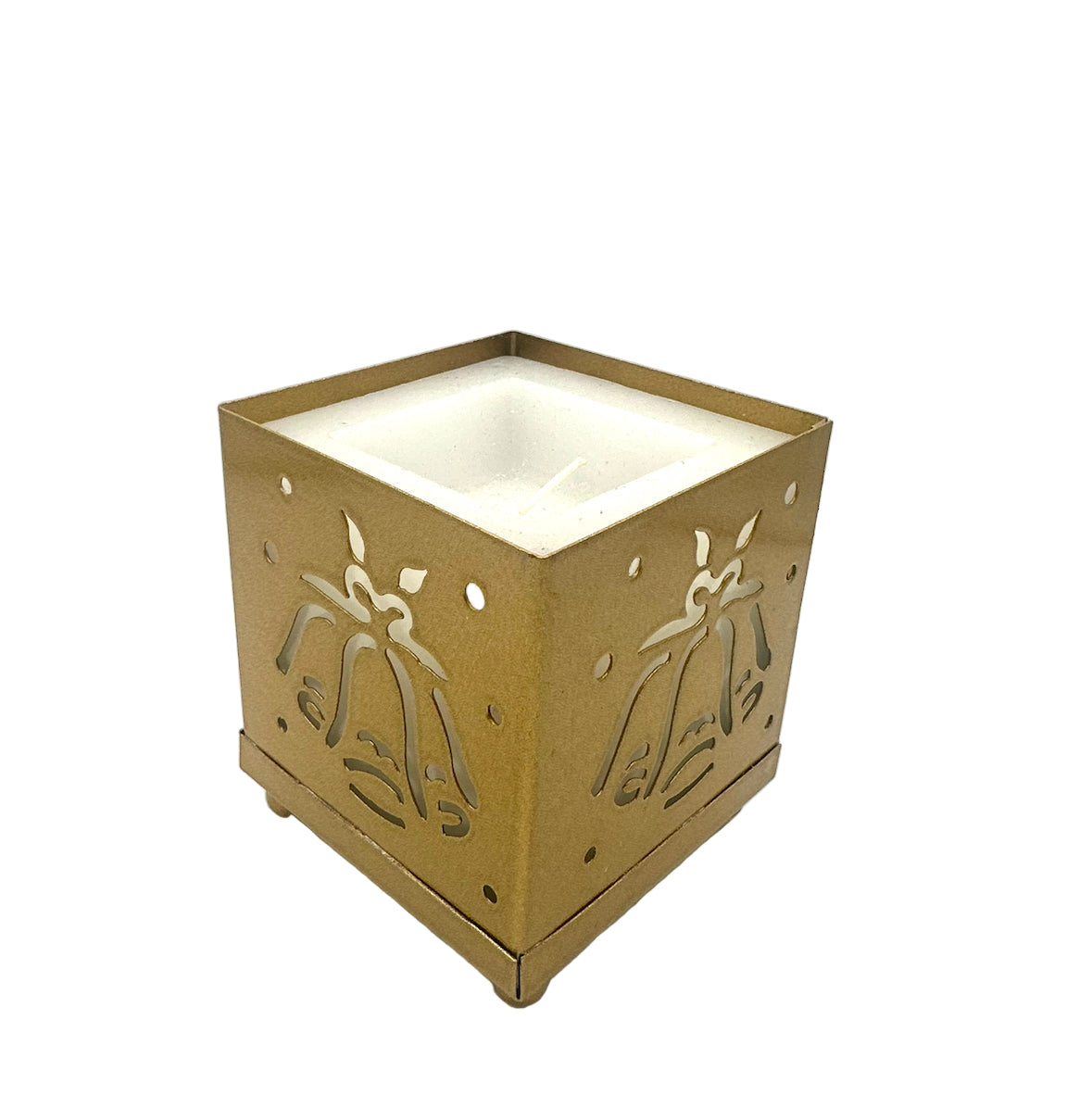 Wax Filled Metal Square Gold Bells Filligree Candle